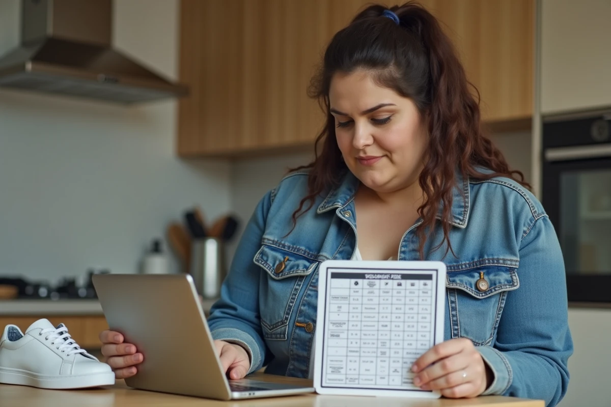 Femme confiante en denim compare ses pieds à un tableau de conversion