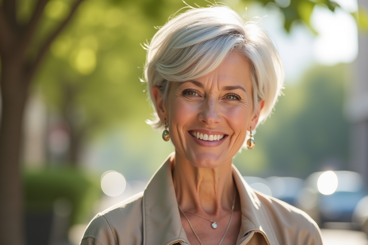 Femme confiante aux cheveux courts et look moderne