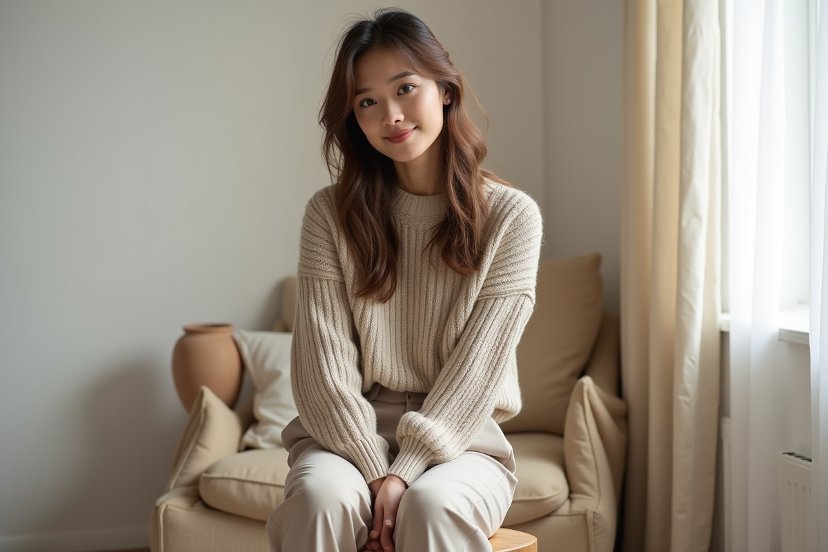 Jeune femme en intérieur dans un salon minimaliste