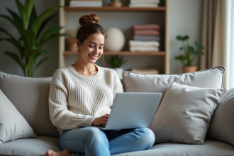 Femme détendue sur un canapé avec ordinateur à la maison