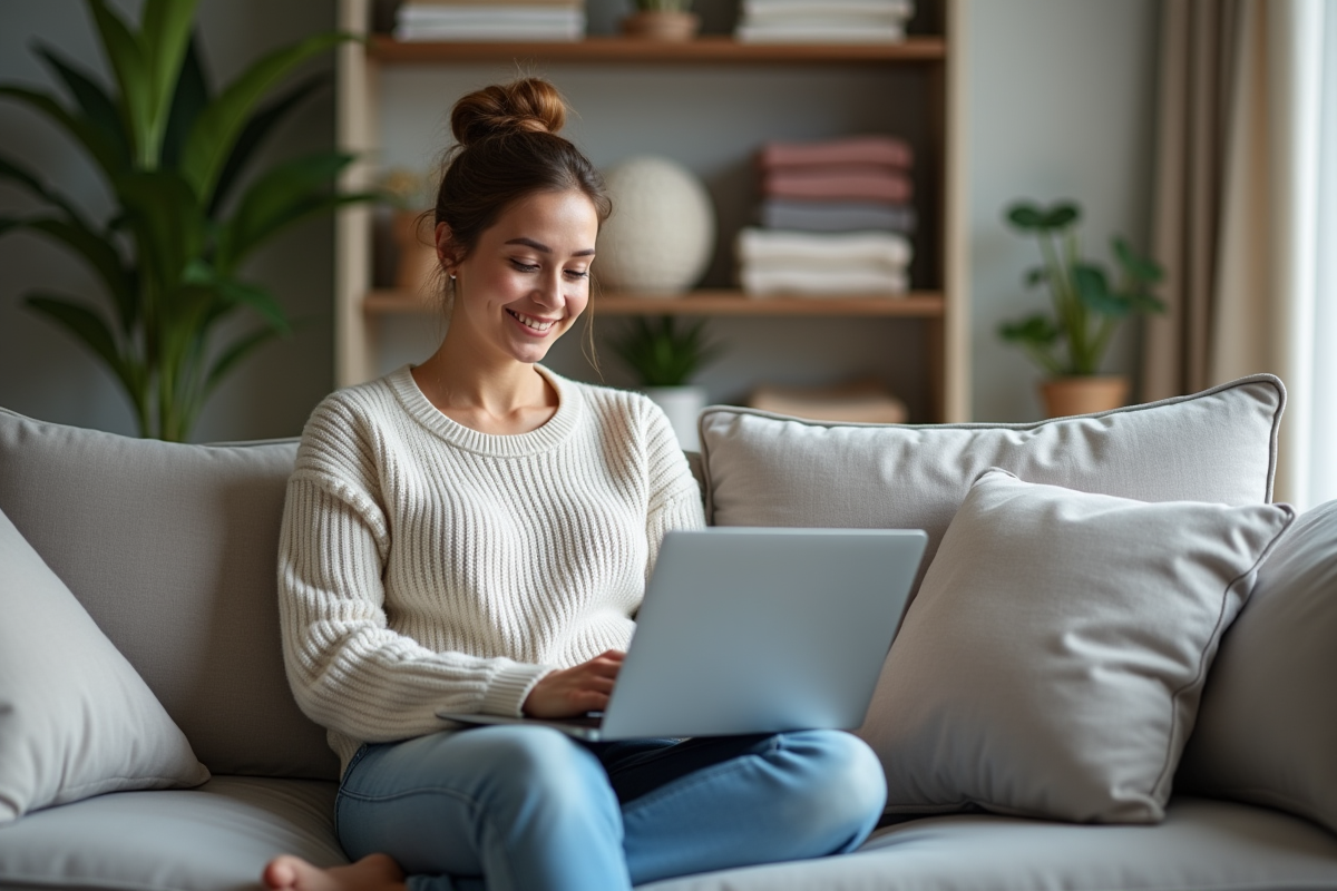Femme détendue sur un canapé avec ordinateur à la maison