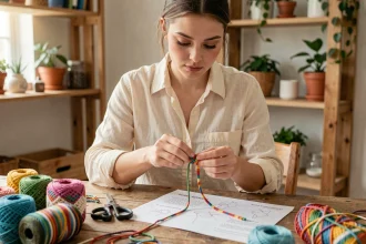 Jeune femme apprenant à faire des nœuds de macramé pour un bracelet débutant sur une table en bois rustique