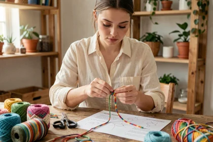 Jeune femme apprenant à faire des nœuds de macramé pour un bracelet débutant sur une table en bois rustique
