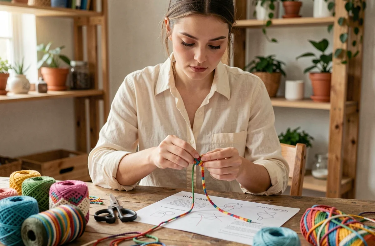 Jeune femme apprenant à faire des nœuds de macramé pour un bracelet débutant sur une table en bois rustique