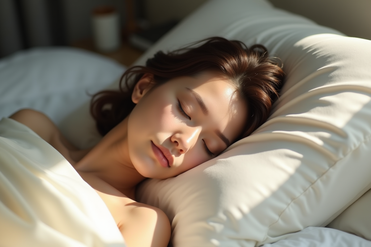 Femme dormant sur un oreiller en soie lumineuse