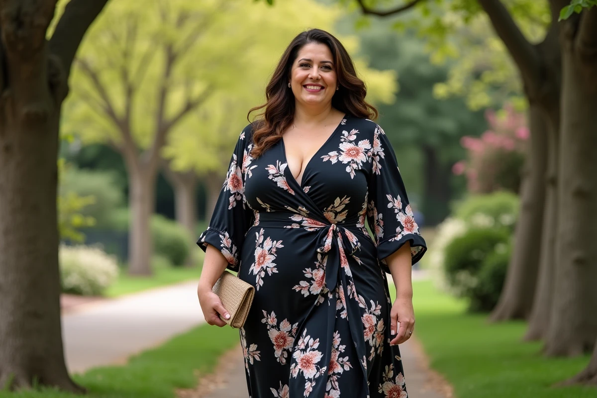 Femme souriante en robe florale dans un jardin