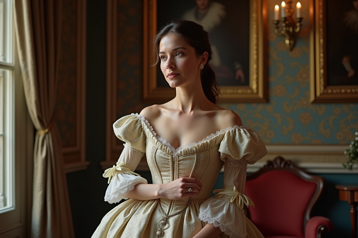 Femme française en robe 18e siècle dans un salon parisien