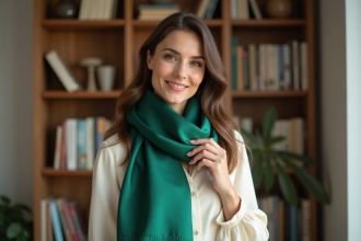 Femme élégante portant un foulard vert et blouse ivoire