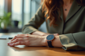 Femme élégante dans un bureau moderne portant une montre