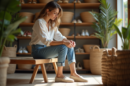 Femme essayant des espadrilles dans une boutique lumineuse