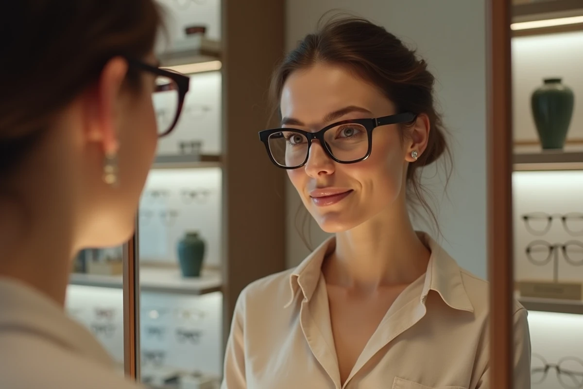 Femme essayant une monture rectangulaire de vue en acétate dans une boutique d'optique haut de gamme
