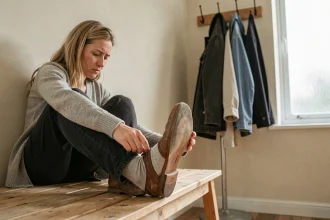 Femme examinant l'intérieur d'une chaussure trop grande pour soulager douleurs et frottements aux pieds