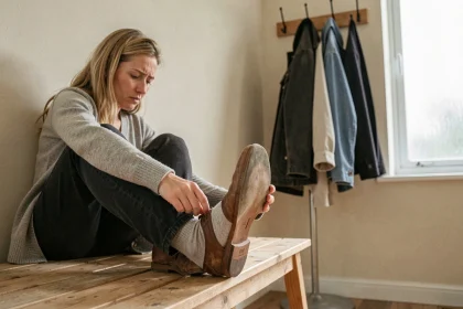 Femme examinant l'intérieur d'une chaussure trop grande pour soulager douleurs et frottements aux pieds