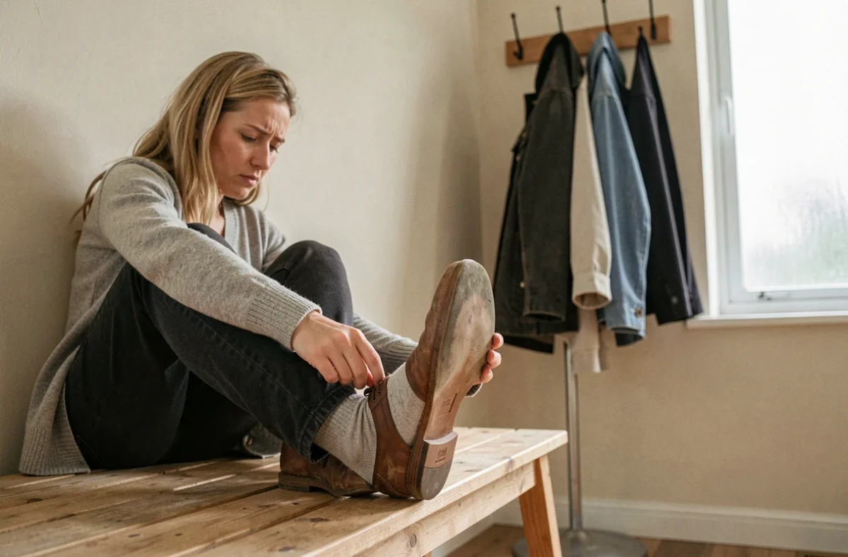Femme examinant l'intérieur d'une chaussure trop grande pour soulager douleurs et frottements aux pieds
