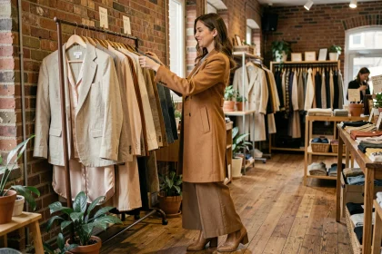 Femme élégante en train de chiner des vêtements dans une friperie chic aux murs en brique, portant une tenue tendance composée de pièces vintage
