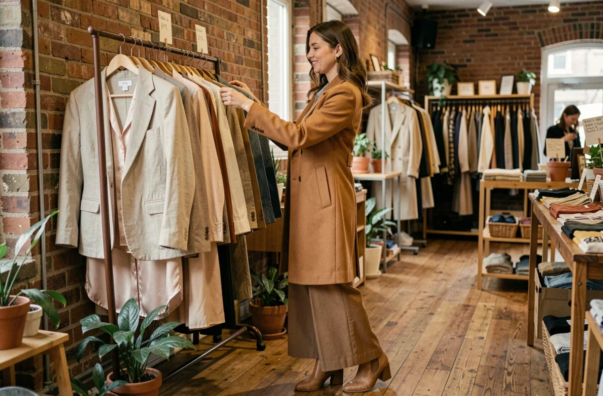 Femme élégante en train de chiner des vêtements dans une friperie chic aux murs en brique, portant une tenue tendance composée de pièces vintage