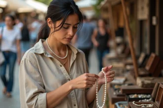 Femme inspectant un collier de perles de culture d'occasion sur un marché aux puces