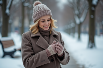Femme en manteau laineux portant des gants tricotés hiver