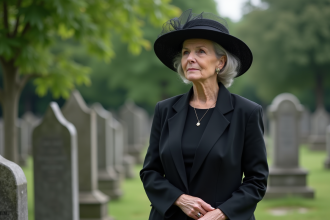 Femme mature en noir dans un cimetière calme