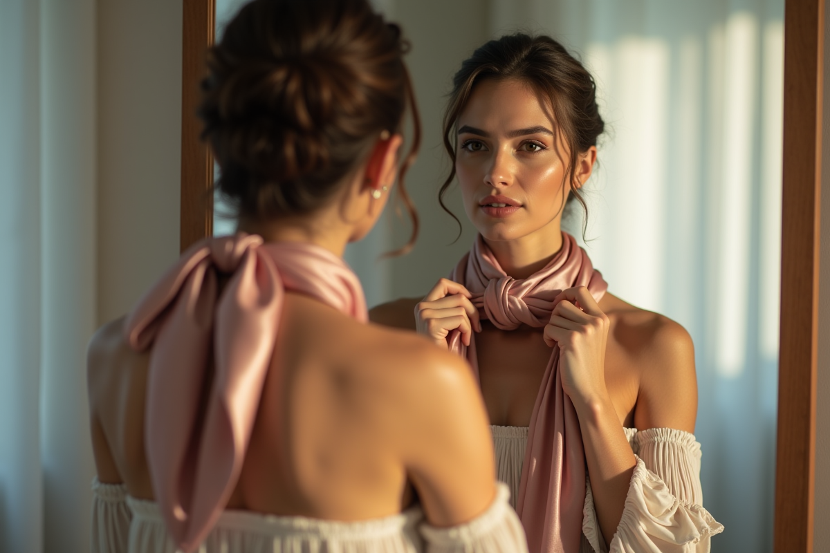 Femme devant le miroir nouant une echarpe en soie naturelle