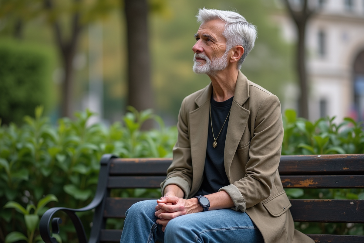 Femme de 50 ans en extérieur sur un banc de parc