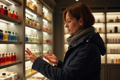 Femme examinant des parfums dans une boutique à Pas de la Case
