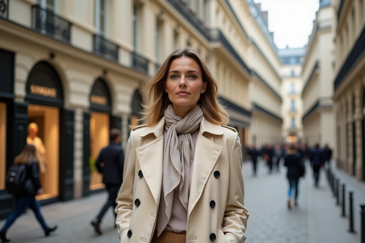 Femme élégante en trench crème sur la rue Montaigne