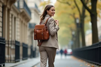 Jeune femme élégante avec sac à dos dans une rue parisienne