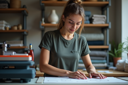 Jeune femme pressant du vinyl sur un tshirt dans un atelier cr&eacute;atif