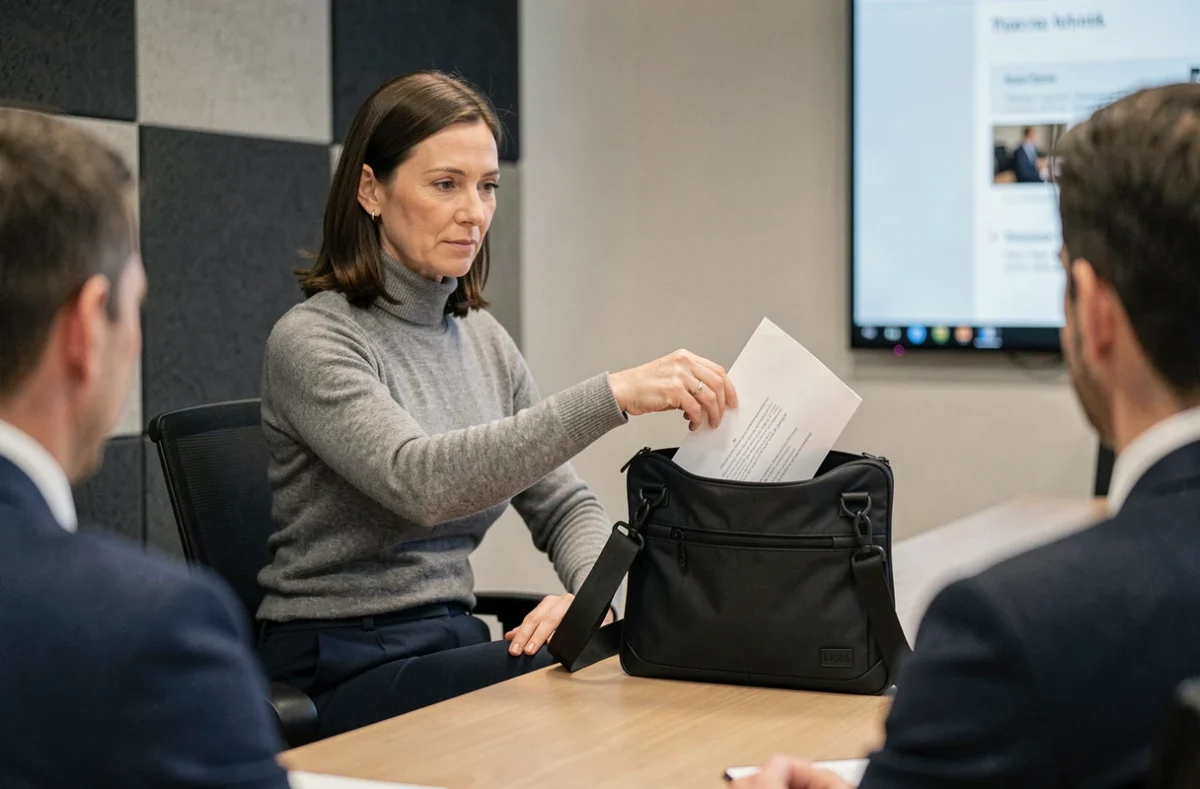 Femme en réunion sortant un document de sa sacoche ordinateur portable élégante en salle de conférence