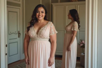 Femme confiante en robe de mariage pastel élégante