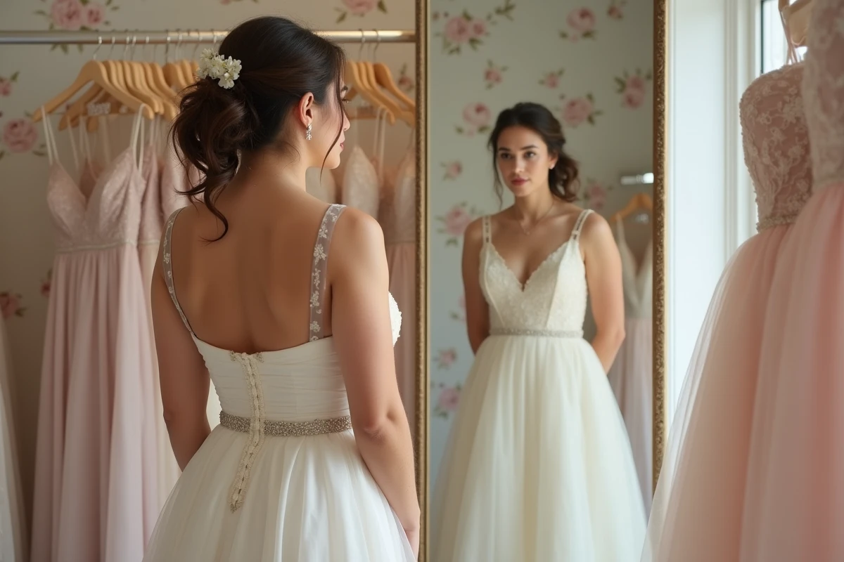 Femme dans une boutique de mariage regardant son reflet