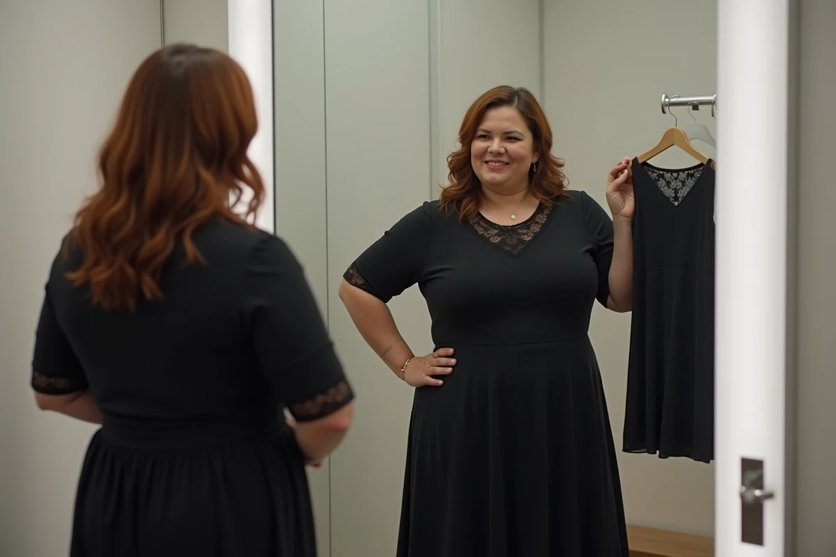 Femme ronde essayant une robe noire élégante dans une cabine d'essayage moderne