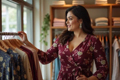 Femme ronde élégante en robe portefeuille florale bordeaux faisant du shopping dans une boutique de mode