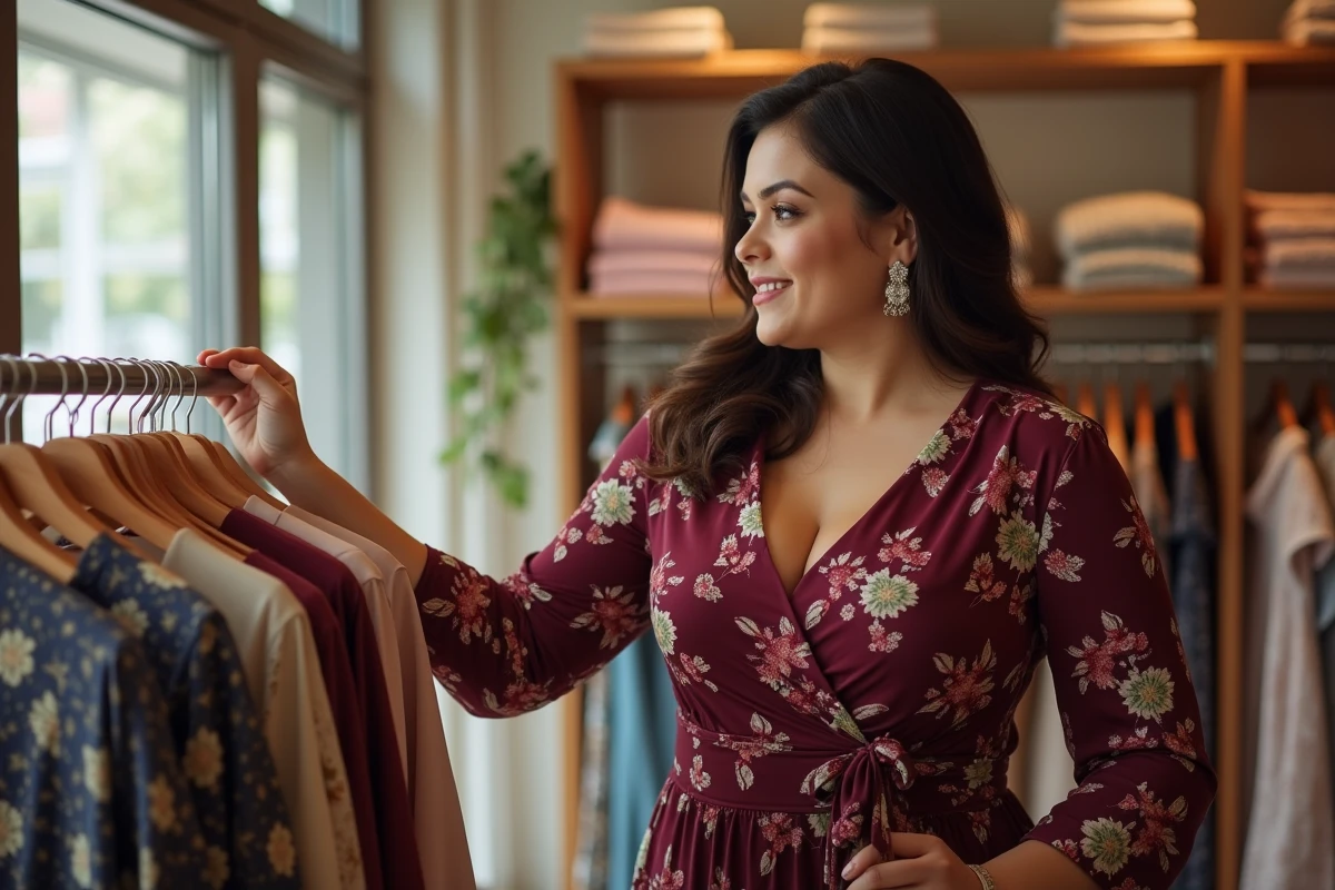 Femme ronde élégante en robe portefeuille florale bordeaux faisant du shopping dans une boutique de mode
