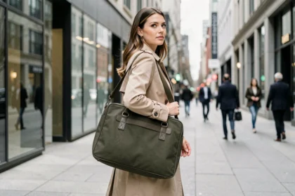Femme professionnelle portant un sac ordinateur élégant en toile olive dans une rue urbaine moderne