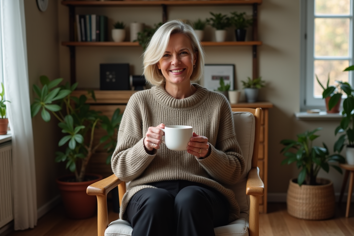 Femme dans un intérieur cosy avec mug et livres