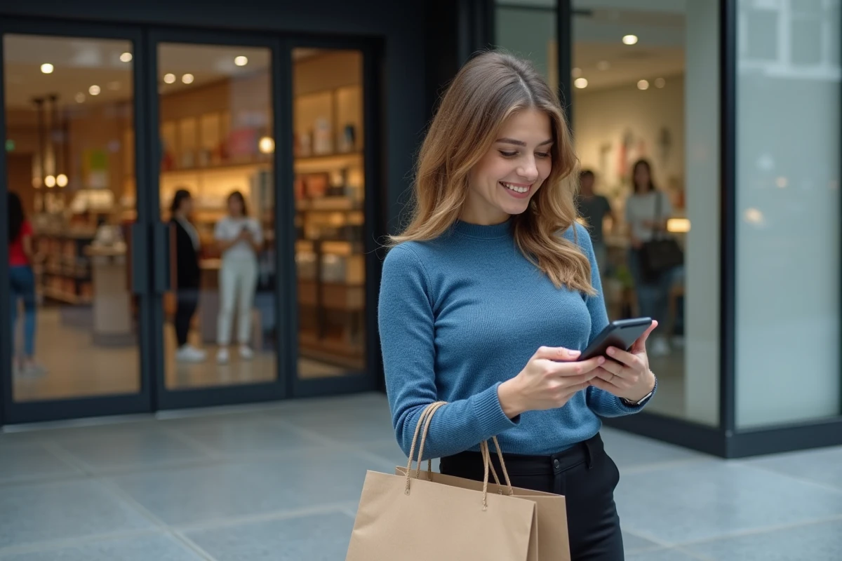 Femme souriante avec sacs de shopping devant un centre commercial