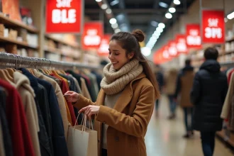 Femme souriante faisant du shopping en soldes d'hiver