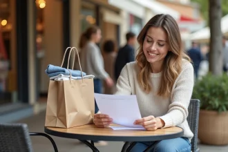 Femme souriante avec liste de courses au Village des Marques