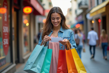 Femme souriante avec sacs de shopping en ville