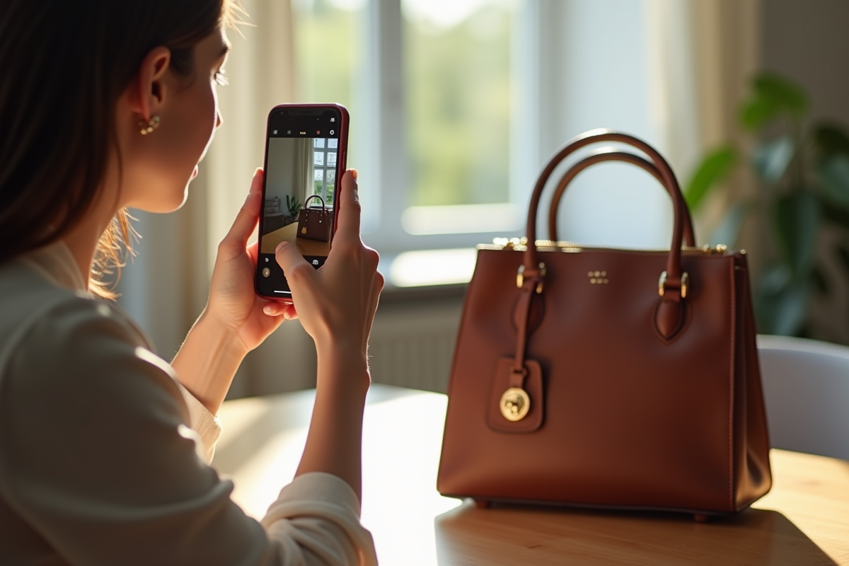 Jeune femme prenant en photo un sac de luxe avec son smartphone