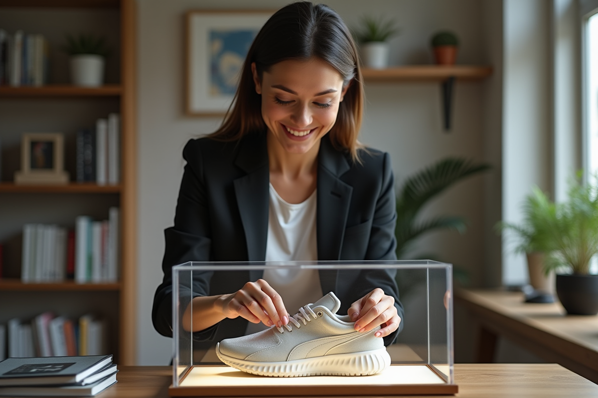 Femme en business casual rangeant sneakers dans une vitrine