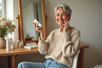 Femme d'une soixantaine appliquant une creme visage