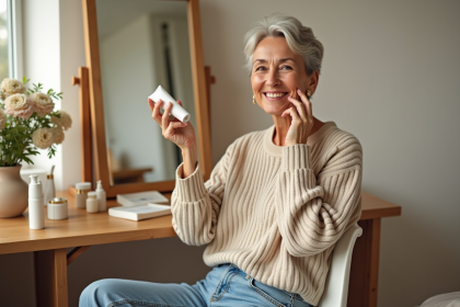 Femme d'une soixantaine appliquant une creme visage