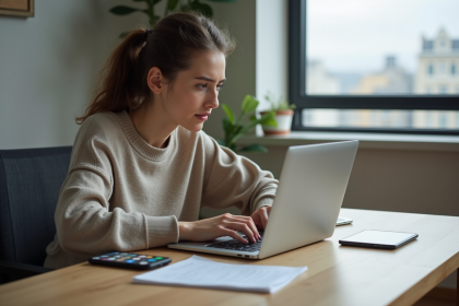 Jeune femme seule au bureau avec notes et smartphone