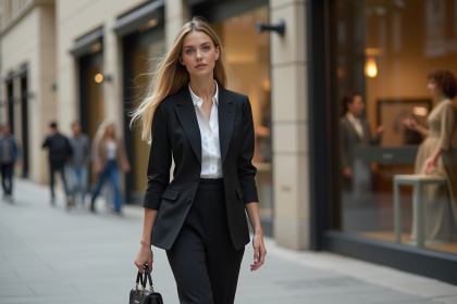 Jeune femme élégante en costume dans une rue chic