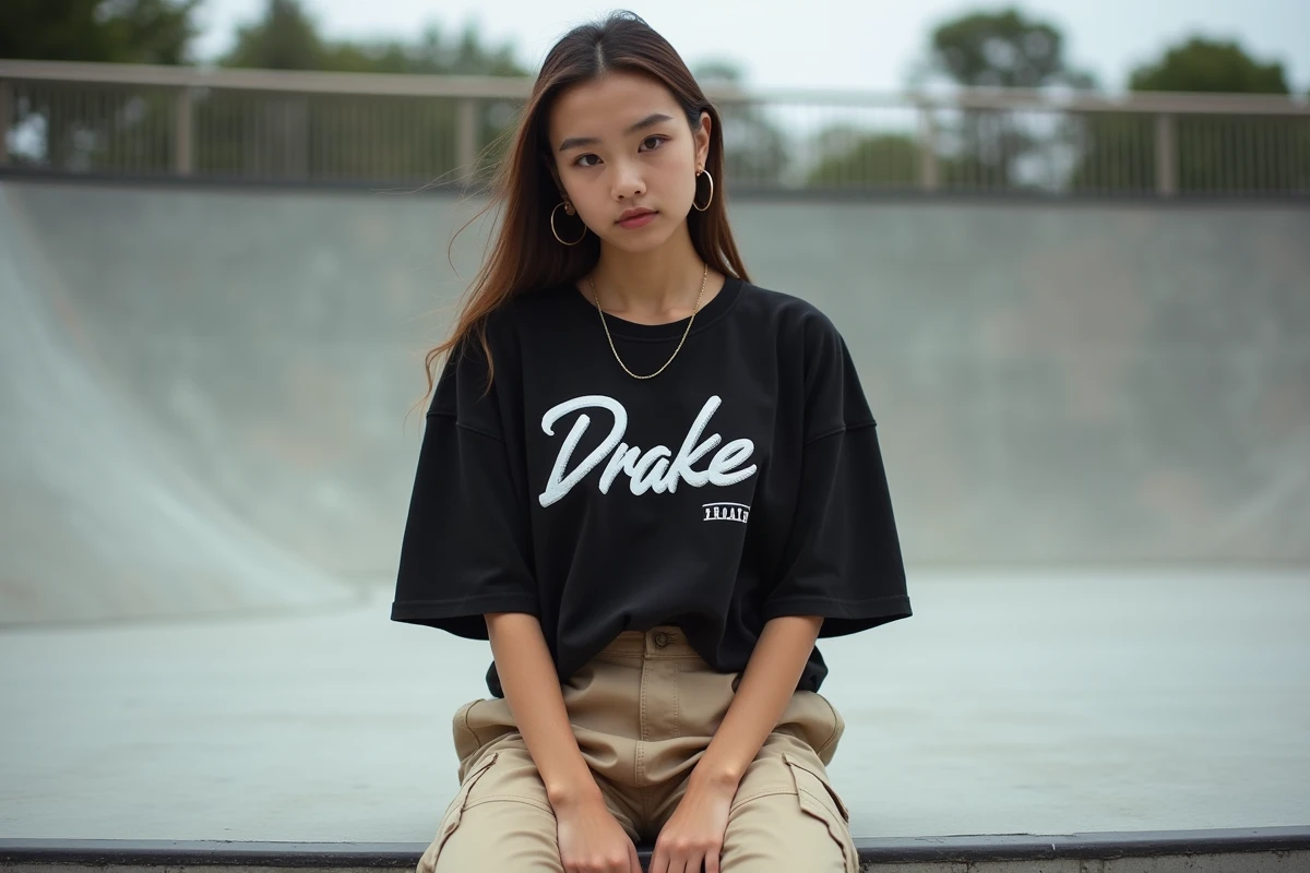 Jeune femme en t-shirt Drake oversize noir assis dans un skate park urbain moderne