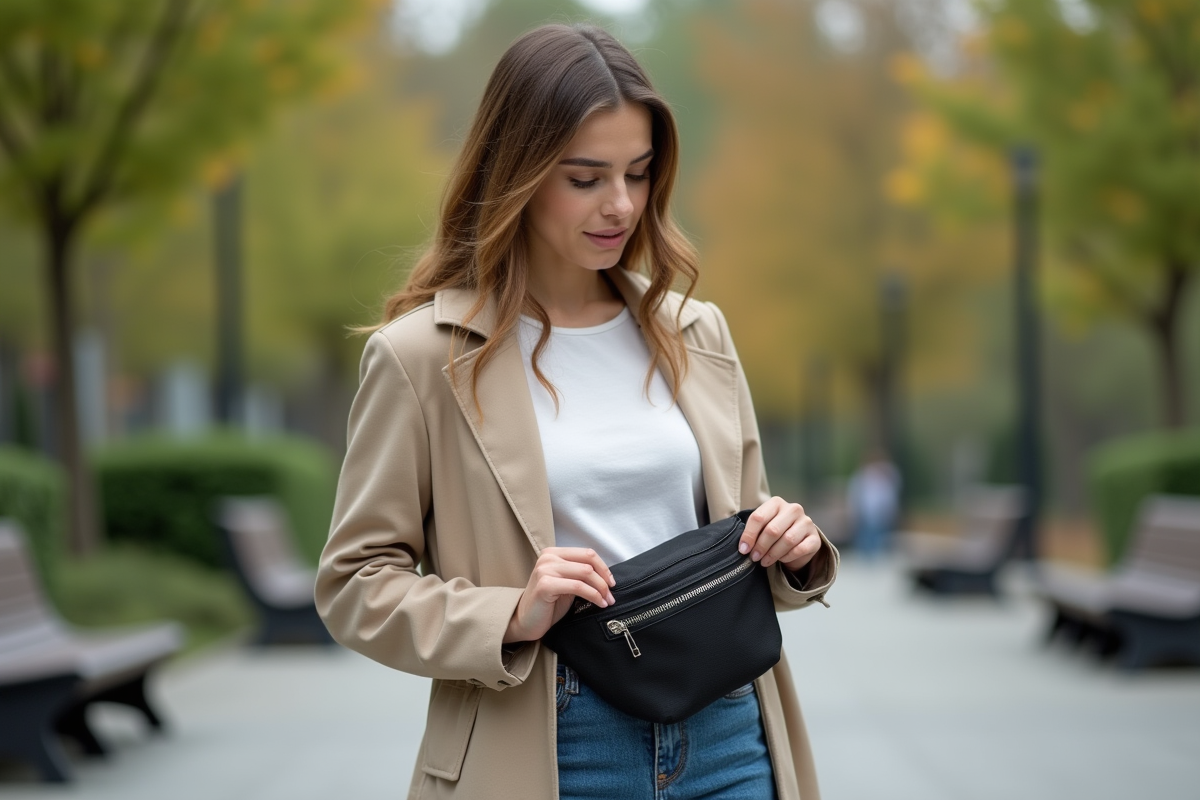 Jeune femme en trench et jeans examine son sac zippé