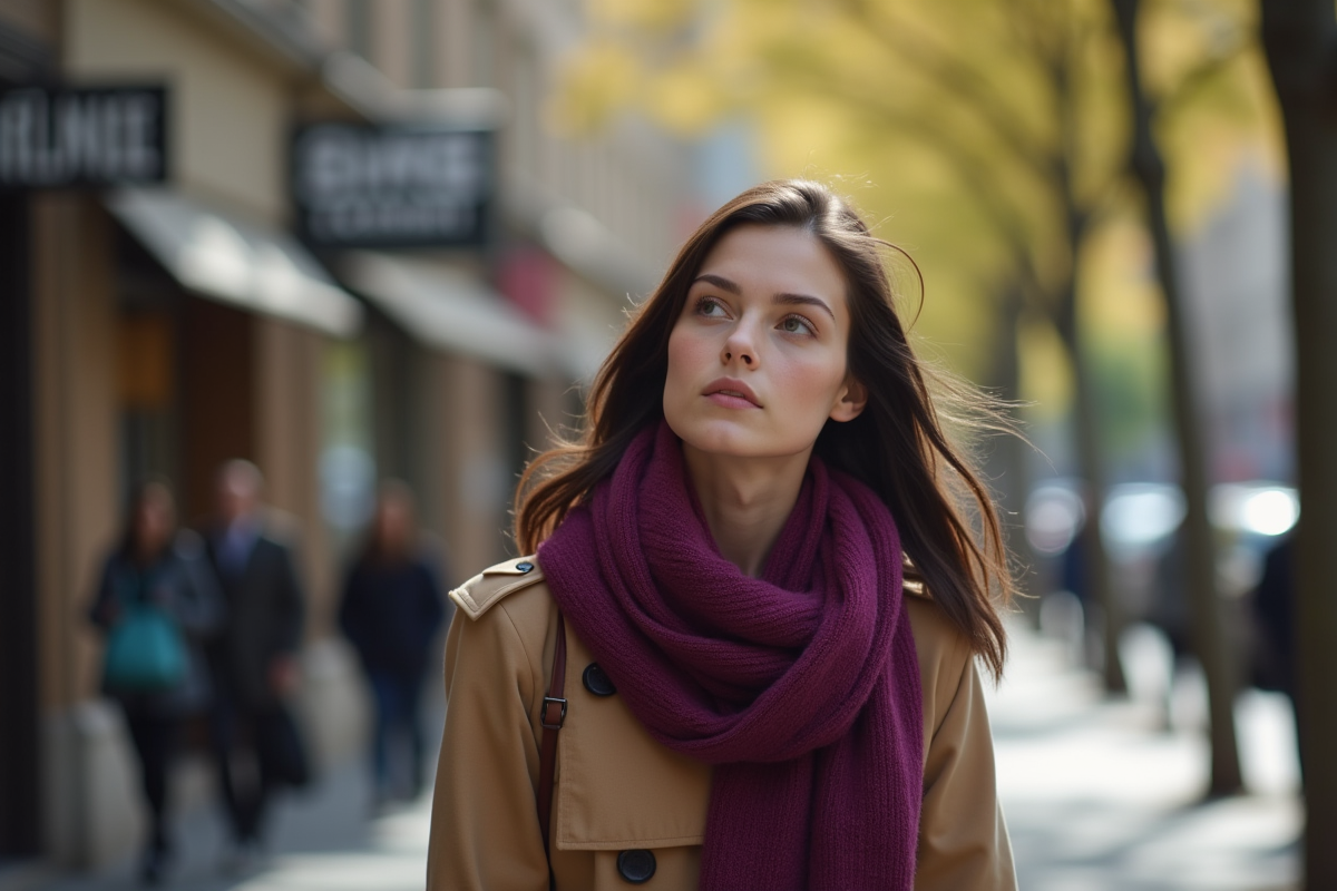 Jeune femme en trench et foulard violet dans la ville